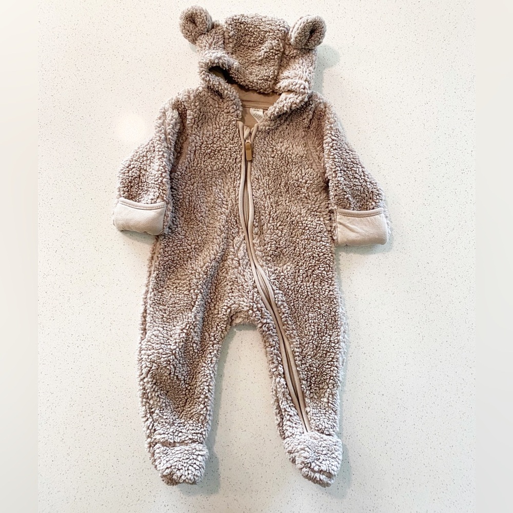 H&M Faux Sherpa Bear Ear Kids Footie - Brown